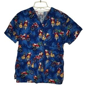 Peaches Uniforms Christmas Santa Motorcycle Scrub Shirt‎